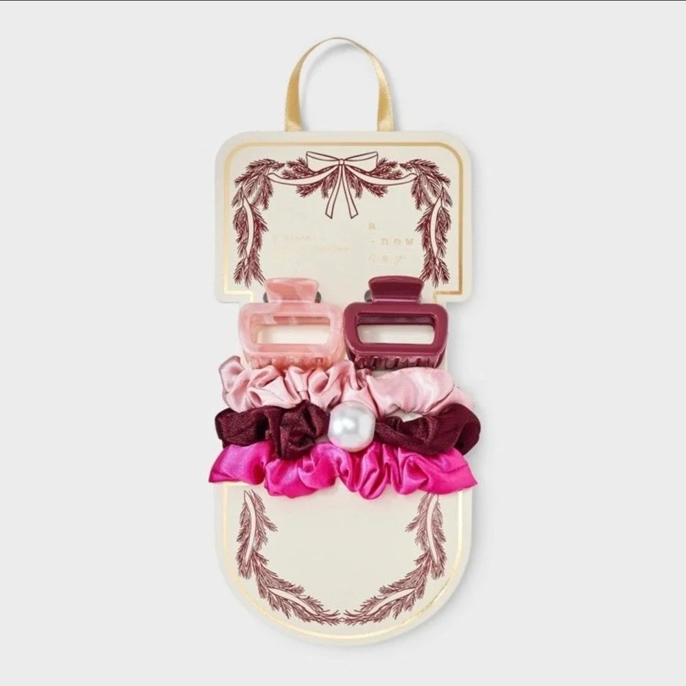 A New Day 5 Piece Hair Claw Clip and Scrunchie Set Pink Burgundy Pearl‎ Accent